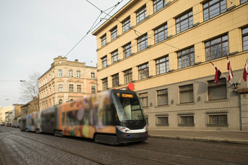 Fototapeta premium View of street with tram. Riga, Latvia.