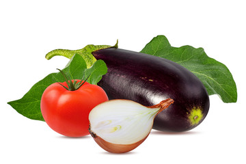 Fresh eggplant, onion and tomato with leaves isolated on white background  with clipping path