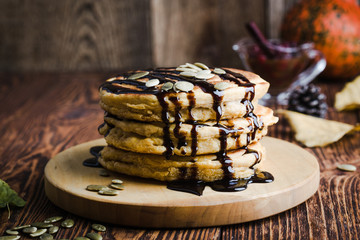 Pumpkin pancakes with chocolate, Thanksgiving day breakfast
