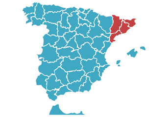 Mapa de Espa&ntilde;a azul con Catalu&ntilde;a roja por la independencia.
