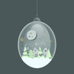 Hello winter snow globe. Glass bauble with glass sphere. House, Christmas tree and snowflakes, deer, moon. Ball toy with Christmas decor flat style vector illustration isolated on background.