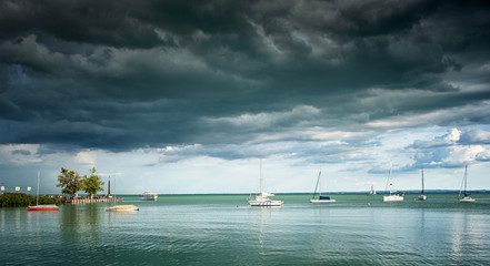 Sailboats on lake Balaton on a stormy day
