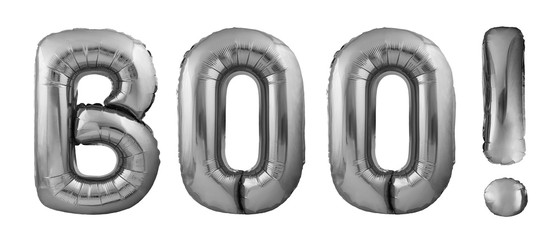 Halloween concept. Word Boo made of inflatable balloons isolated on white background. Black helium...