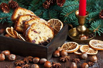 Traditional fruitcake for Christmas dinner, selective focus