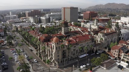 Aerial drone flight over Mission Hotel, Riverside, Los Angeles, California, USA, 4K, december 2018