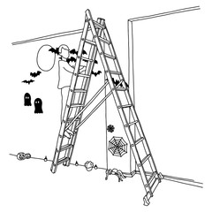 woman using ladder to decorate Halloween vector illustration sketch doodle hand drawn with black lines isolated on white background