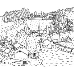 countryside landscape with house and river vector illustration sketch doodle hand drawn with black lines isolated on white background