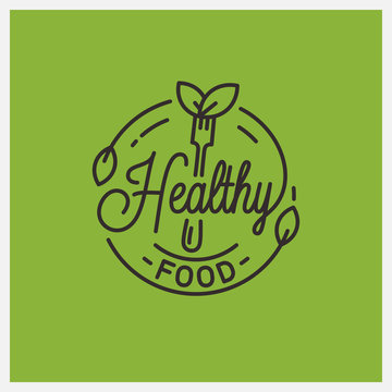 Healthy food logo. Round linear of fork and leafs