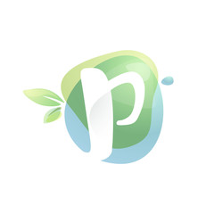 P letter logo with negative space at green watercolor splash background.