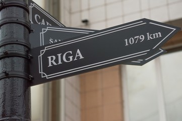 Pointer cities on the post, Riga, Latvia.