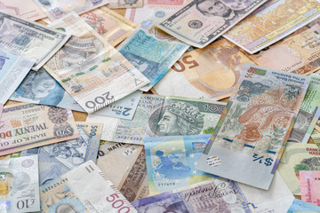 Fototapeta na wymiar Several world countries paper bank money notes.