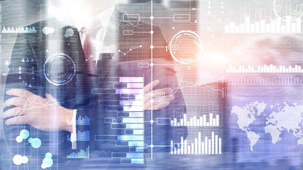 Fototapeta premium Business intelligence. Diagram Graph, Stock Trading, Investment dashboard, transparent blurred background.