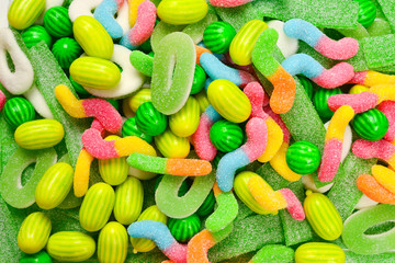 Assorted gummy candies. Top view. Jelly  sweets.