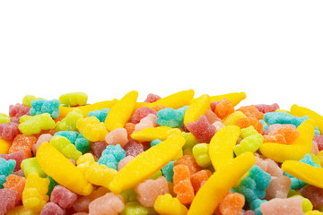 Assorted gummy candies frame isolated. Top view. Jelly  sweets.