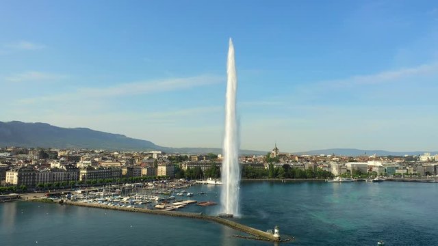 Aerial drone flight over fontain Jet D'Eau at Geneve lake, Geneva Switzerland, 4k.