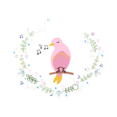 Vector colorful illustration of cute bird and wreath. Can be used for childish t-shirt print, textile print, cloth, baby wear, kids room decoration, invitation, greeting card, and posters