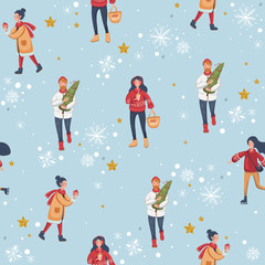 Christmas seamless pattern with green tree, snowflakes, peoples. Vector illustration EPS 10