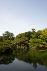 Fototapeta na wymiar Pont japonais dans un parc asiatique, bois, forêt et arbre vert
