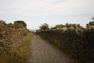 Fototapeta na wymiar Chemin et sentier bordé de murs en pierre traditionnels