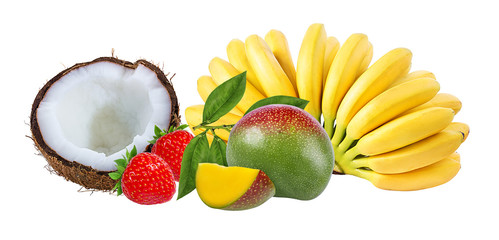 coconuts,bananas,mango and strawberry isolated on the white background