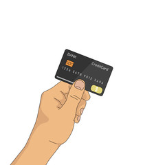 Hand holding credit card. Isolated on white background. Hand drawn vector illustration.