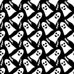 Pattern con fantasmi e fulmini su sfondo nero