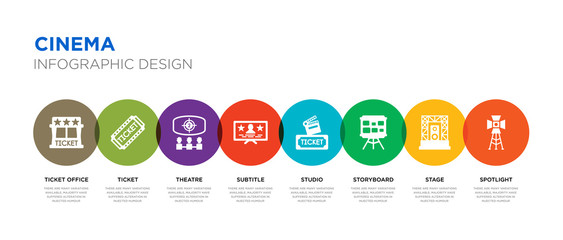 8 colorful cinema vector icons set such as spotlight, stage, storyboard, studio, subtitle, theatre, ticket, ticket office