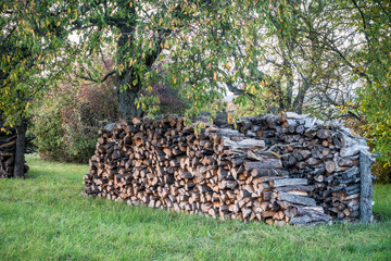 Baumstämme zu Brennholz gesägt und gestapelt © focus finder