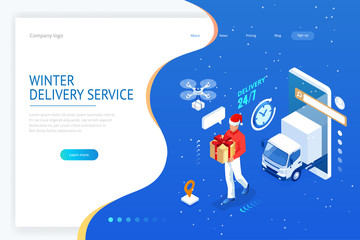 Isometric Christmas online shopping and winter sale web banner concept. Delivery man with winter gift box. Merry Christmas and Happy Holidays.