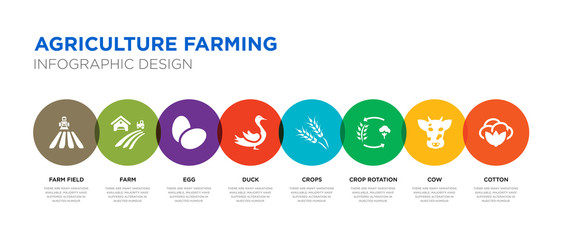8 colorful agriculture farming vector icons set such as cotton, cow, crop rotation, crops, duck, egg, farm, farm field