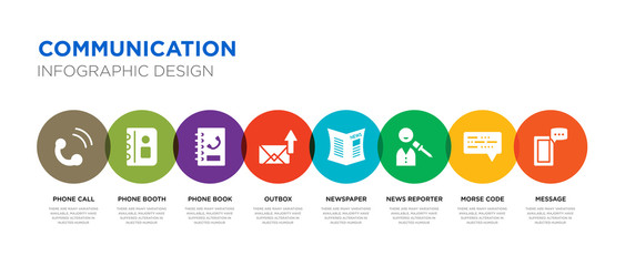 8 colorful communication vector icons set such as message, morse code, news reporter, newspaper, outbox, phone book, phone booth, phone call © BestVectorStock