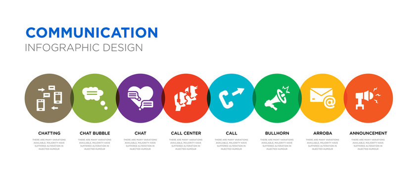 8 colorful communication vector icons set such as announcement, arroba, bullhorn, call, call center, chat, chat bubble, chatting