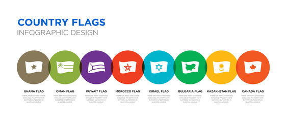 8 colorful country flags vector icons set such as canada flag, kazakhstan flag, bulgaria flag, israel morocco kuwait oman ghana