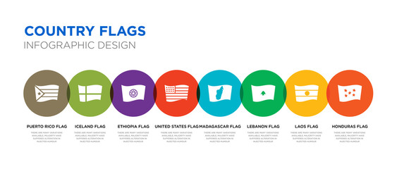 8 colorful country flags vector icons set such as honduras flag, laos flag, lebanon flag, madagascar united states ethiopia iceland puerto rico - obrazy, fototapety, plakaty