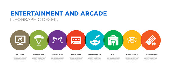 8 colorful entertainment and arcade vector icons set such as lottery game, magic cards, mall, masquerade, music tape, nightclub, paraplane, pc game