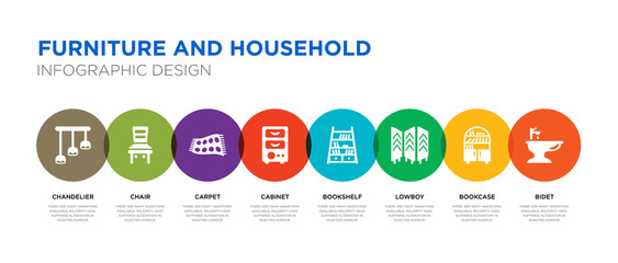 8 colorful furniture and household vector icons set such as bidet, bookcase, lowboy, bookshelf, cabinet, carpet, chair, chandelier