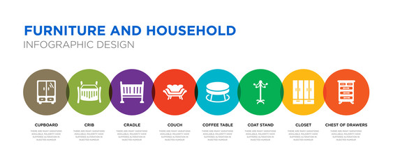 8 colorful furniture and household vector icons set such as chest of drawers, closet, coat stand, coffee table, couch, cradle, crib, cupboard