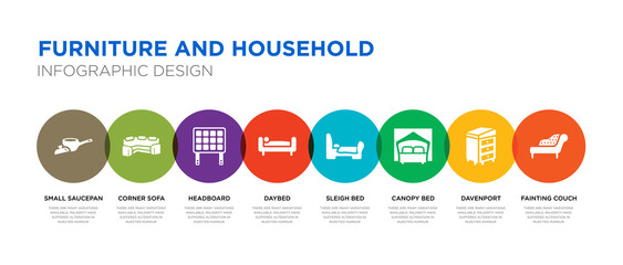 8 colorful furniture and household vector icons set such as fainting couch, davenport, canopy bed, sleigh bed, daybed, headboard, corner sofa, small saucepan