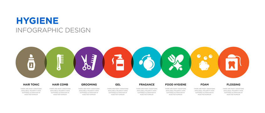 8 Colorful Hygiene Vector Icons Set Such As Flossing, Foam, Food Hygiene, Fragance, Gel, Grooming, Hair Comb, Hair Tonic