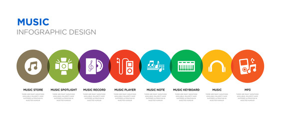 8 colorful music vector icons set such as mp3, music, music keyboard, note, player, record, spotlight, store