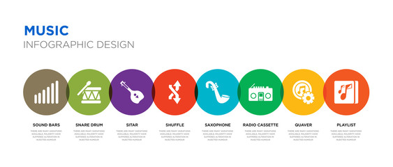 8 colorful music vector icons set such as playlist, quaver, radio cassette, saxophone, shuffle, sitar, snare drum, sound bars