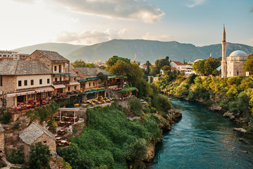 mosque and river neretva in Mostar Bosnia and Hercegovina