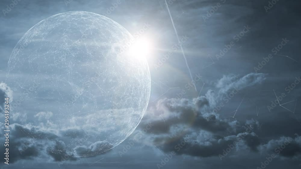 Poster 3d rotating globe animation with sunlight on cloudy sky time lapse background.