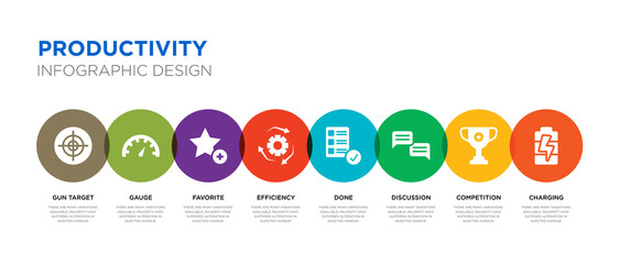 8 colorful productivity vector icons set such as charging, competition, discussion, done, efficiency, favorite, gauge, gun target