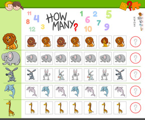 counting game with cartoon animal characters