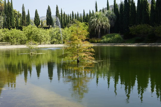 lago con surtidor jardin botanico la concepcion malaga andalucia espa&ntilde;a