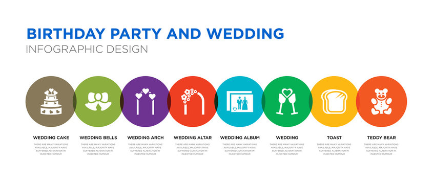 8 colorful birthday party and wedding vector icons set such as teddy bear, toast, wedding, wedding album, altar, arch, bells, cake