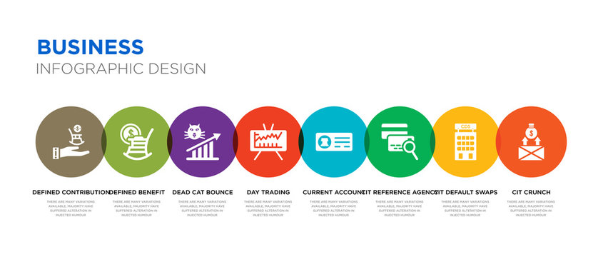 8 colorful business vector icons set such as cit crunch, cit default swaps, cit reference agency, current account, day trading, dead cat bounce, defined benefit pension, defined contribution pension