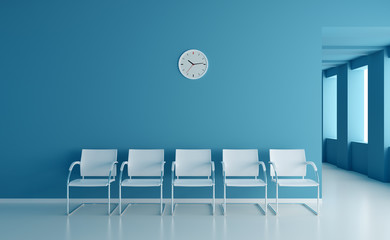 Waiting room space on blue corridor with large windows in clinic - obrazy, fototapety, plakaty