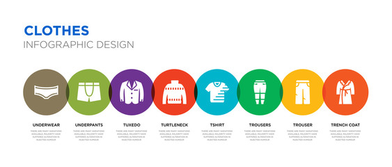 8 colorful clothes vector icons set such as trench coat, trouser, trousers, tshirt, turtleneck, tuxedo, underpants, underwear